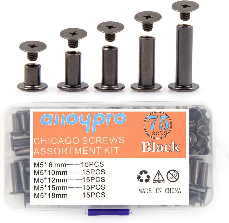 ALLOYPRO 75 Sets Chicago Screws Assorted Kit 5 Size GunMetal Leather Rivets Black Screw Rivets Slotted Phillip Head Book Binding Posts Nail Rivet Chicago Bolt for DIY Leather Craft (5 x 6,10,12,15,18) - Image 1